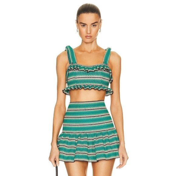 PatBO Striped Crochet Cropped Top in Teal 0 New Womens Knit Sleeveless Tank - Picture 1 of 8